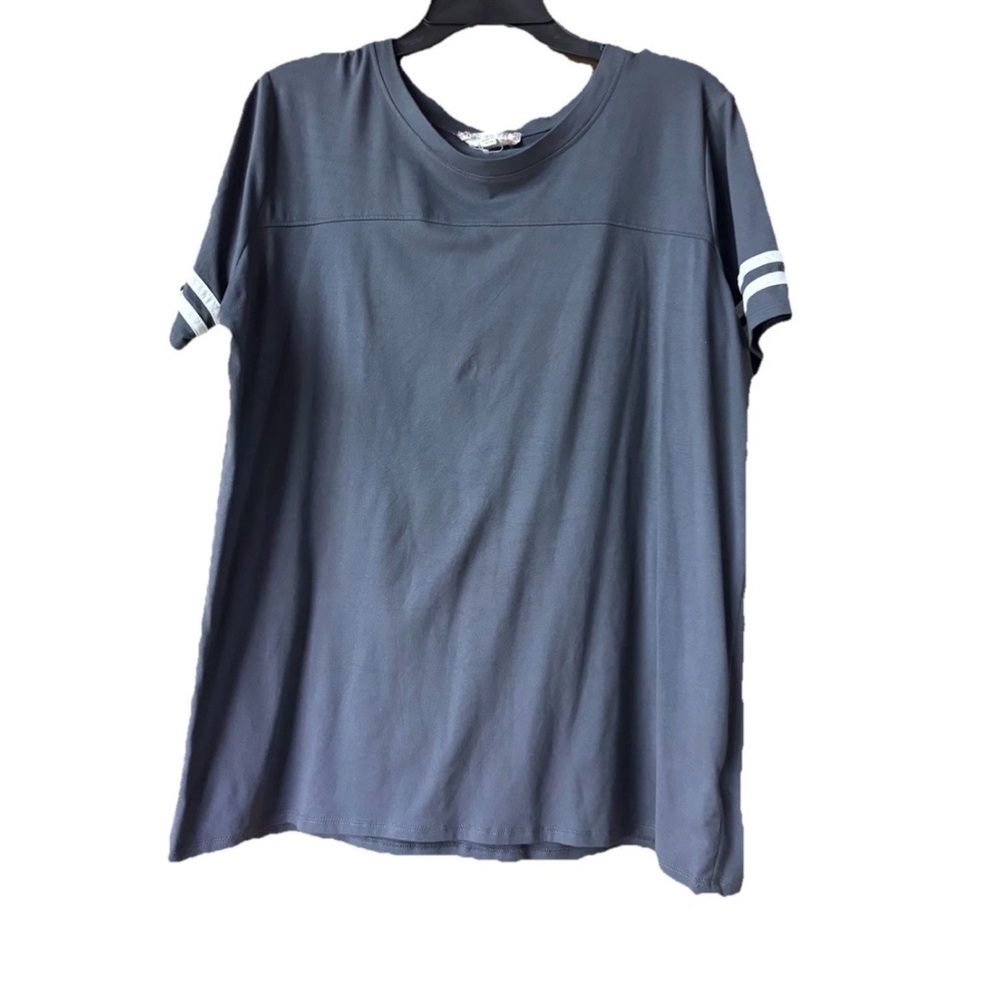 Casual Short Sleeve Tee with Stripe Sleeve Detail - Charcoal Size L